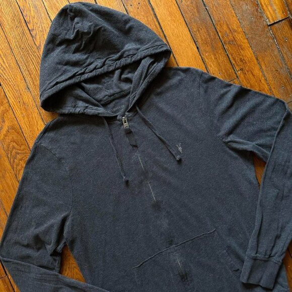 AllSaints Zip Up Hoodie Sweatshirt Women Medium Gray Embroidered Essential Prepp - Picture 2 of 5